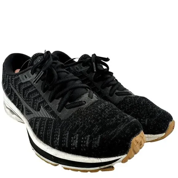 Mizuno Wave Rider 24 Running Shoes WaveKnit Lace Up Athletic Black Dark Shadow 9